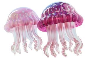 Two vibrant jellyfish floating gracefully in clear water, showcasing their pink and purple hues and delicate, trailing tentacles. photo