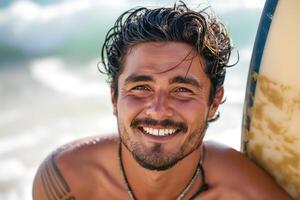 Smiling male surfer with a sun-kissed tan and wavy hair, enjoying a day at the beach with his surfboard. photo