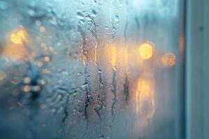Raindrops on a window create a dreamy, blurred effect with warm lights glowing in the background. photo