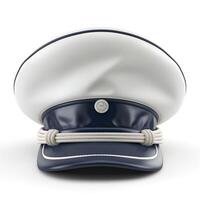 A detailed view of a classic navy and white captain's hat, showcasing its distinct design and elegance. photo