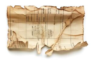 Aged and burnt document, displaying faded text and creases, evoking a sense of history and mystery. photo