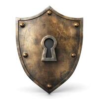 A vintage bronze shield with a keyhole, symbolizing protection and security. photo