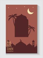 ramadan greeting card with mosque and palm trees on brown colors vector
