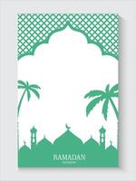 ramadan greeting card with palm trees and mosque on green and white colors vector