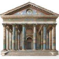 A striking neoclassical building featuring ornate columns and vibrant frescoes, showcasing architectural elegance and artistry. photo