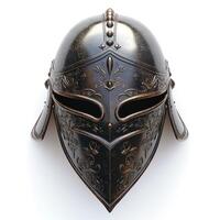 An intricately designed Roman-style helmet with ornate detailing, showcasing its historical craftsmanship. photo