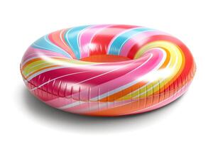A colorful, swirled inflatable pool float in vibrant pink, orange, and blue hues, perfect for summer fun. photo