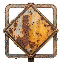 A weathered, rusty road sign with a diamond shape, showcasing years of wear and tear. photo
