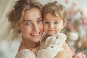 A joyful Caucasian mother smiles warmly as she holds her adorable baby in a softly lit setting filled with pastel colors. photo