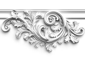 Intricate white ornamental design featuring elegant floral motifs and swirling patterns. photo