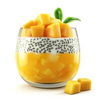 Vibrant dessert with layers of mango, yogurt, and chia seeds, garnished with fresh mint leaves. photo