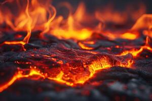 Close-up of molten lava flowing with bright orange and red hues, creating a mesmerizing display of nature's power. photo