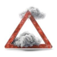 A red triangular warning sign with grey clouds emanating from below, creating a sense of caution and unease. photo