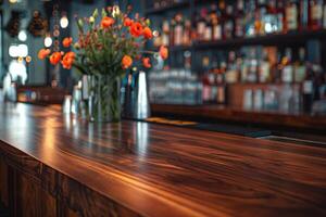 A vibrant floral arrangement adds a touch of elegance to a stylish bar with a polished wooden counter. photo