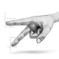 A monochrome wireframe hand gesture, showcasing an elegant pointing motion against a clean white background. photo