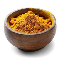 A close-up of vibrant yellow turmeric powder in a rustic wooden bowl, symbolizing health and culinary practices. photo