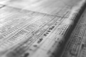 Close-up view of vintage newspaper with faded print and columns of information. photo