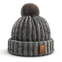 Stylish gray knitted beanie with a textured pattern and a fluffy pom-pom on top, perfect for cozy winter looks. photo