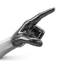 A stylized black and gray mannequin hand pointing to the right against a clean white background. photo