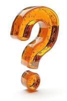 A large, translucent orange question mark made of resin, symbolizing curiosity and inquiry. photo