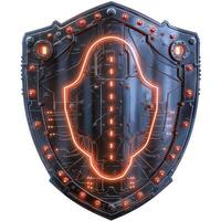 Futuristic black shield with glowing orange circuitry design, showcasing intricate details and a high-tech aesthetic. photo