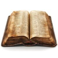An aged, open book showcasing yellowed pages and a worn leather cover, exuding a sense of history and knowledge. photo
