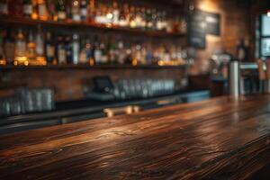 A warm and inviting wooden bar top with blurred bottles in the background, creating a cozy atmosphere. photo