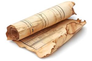 An aged architectural blueprint rolled up, showcasing intricate design details on yellowed paper. photo