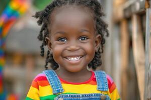 Cheerful African American girl in colorful stripes, beaming with joy in a playful outdoor setting. photo