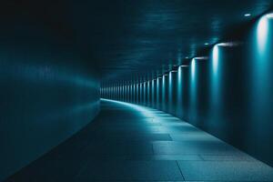 A serene corridor illuminated by soft blue lights, creating a futuristic and calming atmosphere. photo