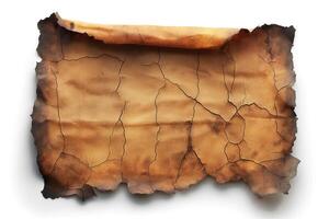 Envejecido, arrugado pergamino papel con quemado bordes, exhibiendo intrincado grietas y un resistido textura. foto