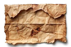 A close-up of a crumpled, aged piece of paper with brownish stains and an uneven edge, suggesting a vintage or antique quality. photo