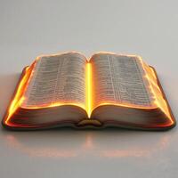 An open book illuminated with warm, glowing edges, creating a mystical and inviting atmosphere. photo
