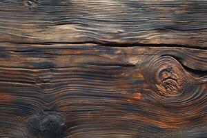 Close-up of dark, weathered wood showcasing intricate grain patterns and textures. photo