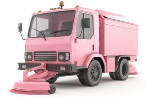 A vibrant pink street cleaning truck showcasing a modern design and efficient cleaning equipment. photo