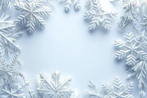Delicate white snowflakes and frosty leaves create a serene winter frame, perfect for seasonal designs. photo