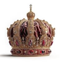 A luxurious golden crown adorned with red and clear gemstones, showcasing opulence and royal elegance. photo