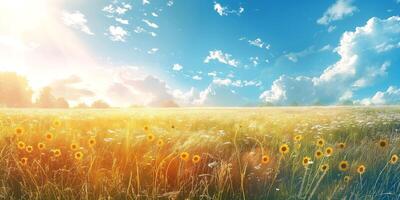A vibrant field of sunflowers under a bright blue sky, bathed in warm sunlight, creating a serene summer atmosphere. photo