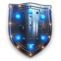 A detailed metallic shield adorned with glowing blue lights and shiny rivets, embodying a futuristic design. photo