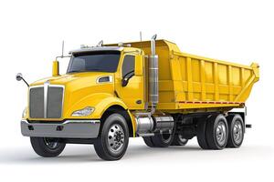 A sturdy yellow dump truck ready for construction tasks, showcasing its powerful build and large hauling capacity. photo