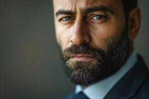 Close-up portrait of a Middle-Eastern man with a beard, conveying determination and focus in a professional setting. photo