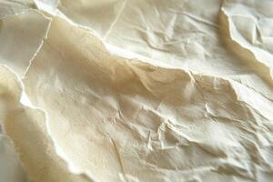 Close-up of textured, crumpled beige fabric showcasing its intricate folds and natural color variations. photo