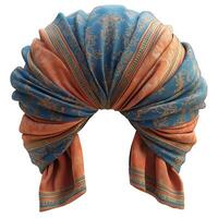 Elegant silk headscarf featuring a blue and orange floral design, perfect for chic summer styling. photo