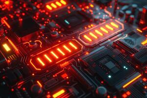 Close-up of a futuristic circuit board with glowing red lights and intricate patterns, symbolizing advanced technology. photo