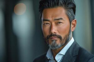 Confident middle-aged Asian man with gray hair and beard, dressed in a tailored suit, exudes professionalism and charisma. photo