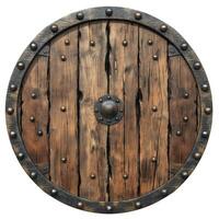 A detailed view of a vintage wooden shield with metal reinforcements, showcasing its rustic charm and craftsmanship. photo