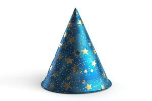 A vibrant blue party hat adorned with golden stars, perfect for celebrations and festive occasions. photo