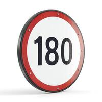 A circular road sign indicating a speed limit of 180, featuring a bold black number against a white background. photo