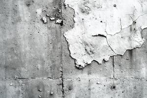 Textured gray wall with peeling paint and rough concrete features, showcasing urban decay. photo