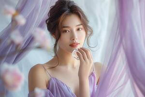 A stunning East Asian woman in a soft purple gown, holding a crystal while surrounded by delicate draped fabric. photo